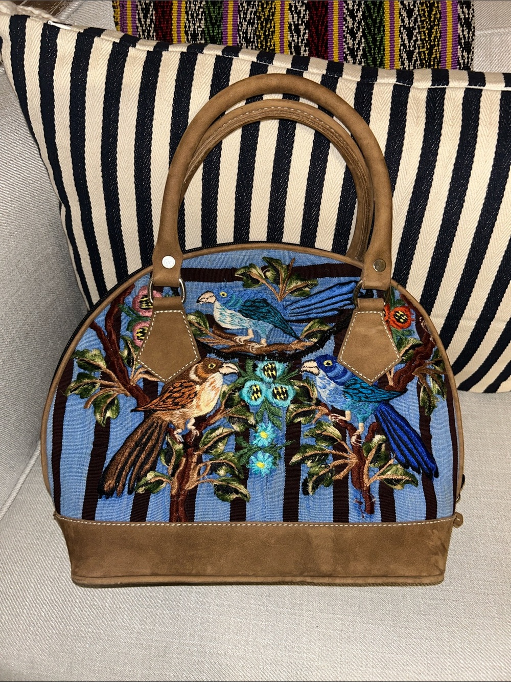 Blue Embroidered Bird Dome Handbag